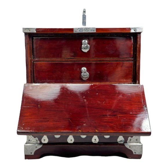 Vintage 1900s Korean Wood Jewellery Box 3 drawers with Intricate Metal Design - Picture 5 of 10